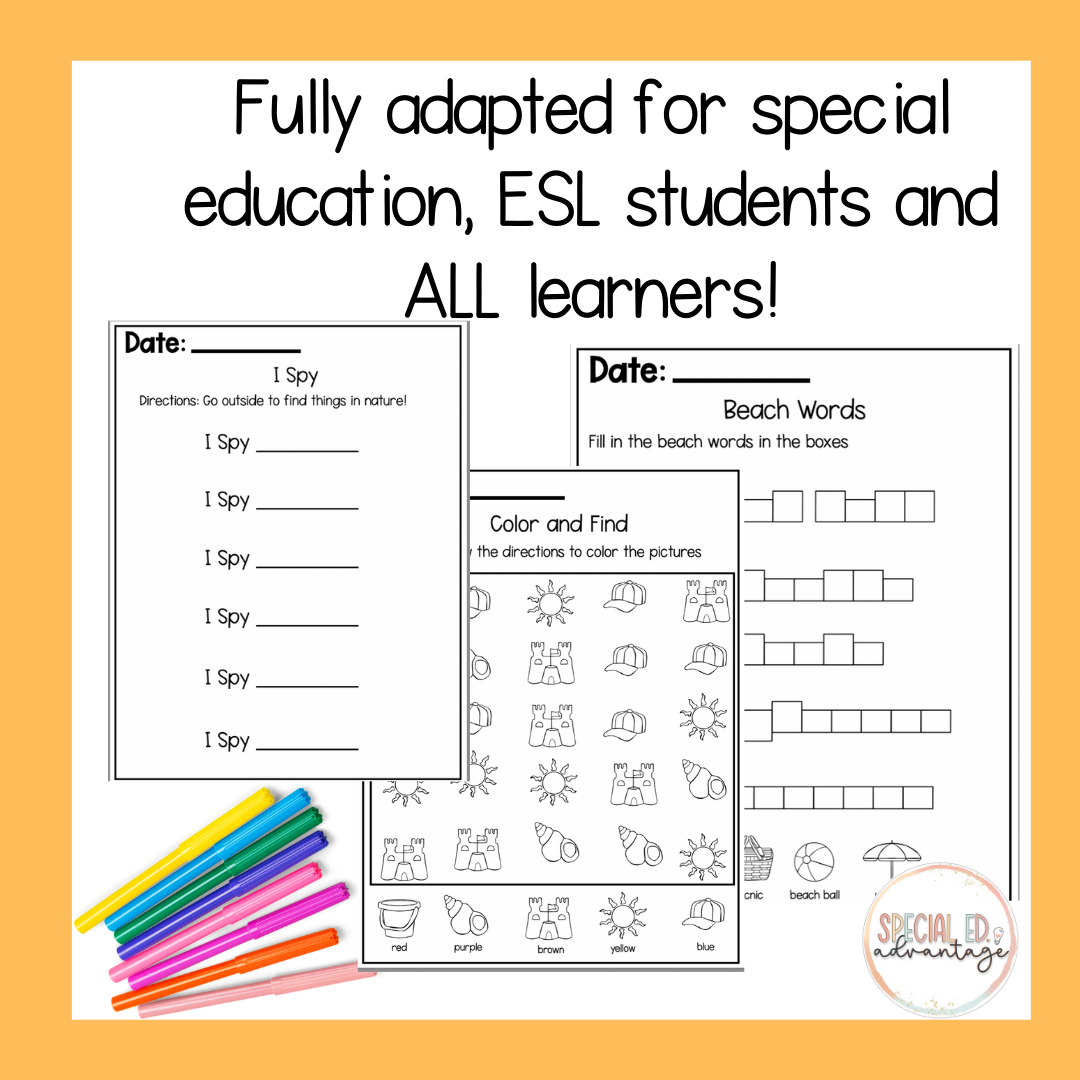 Summer Homework Special Ed Advantage   Summer Homework Packet 2 